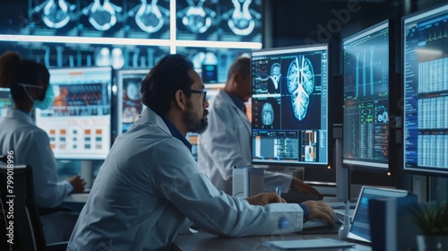 Scientists analyze brain scans and data on high-tech digital screens in a modern laboratory. Created with Generative AI
