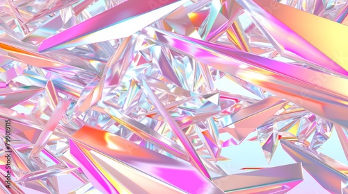  A tight shot of glistening glass fragments against a blue-pink backdrop, featuring a distant sky
