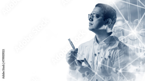 Man is scientist. Biologist with flask. Copy space near lab assistant. Man scientist in white coat. Medic holds flask with blood sample. Place for inscription on white. Scientist creates antidote photo