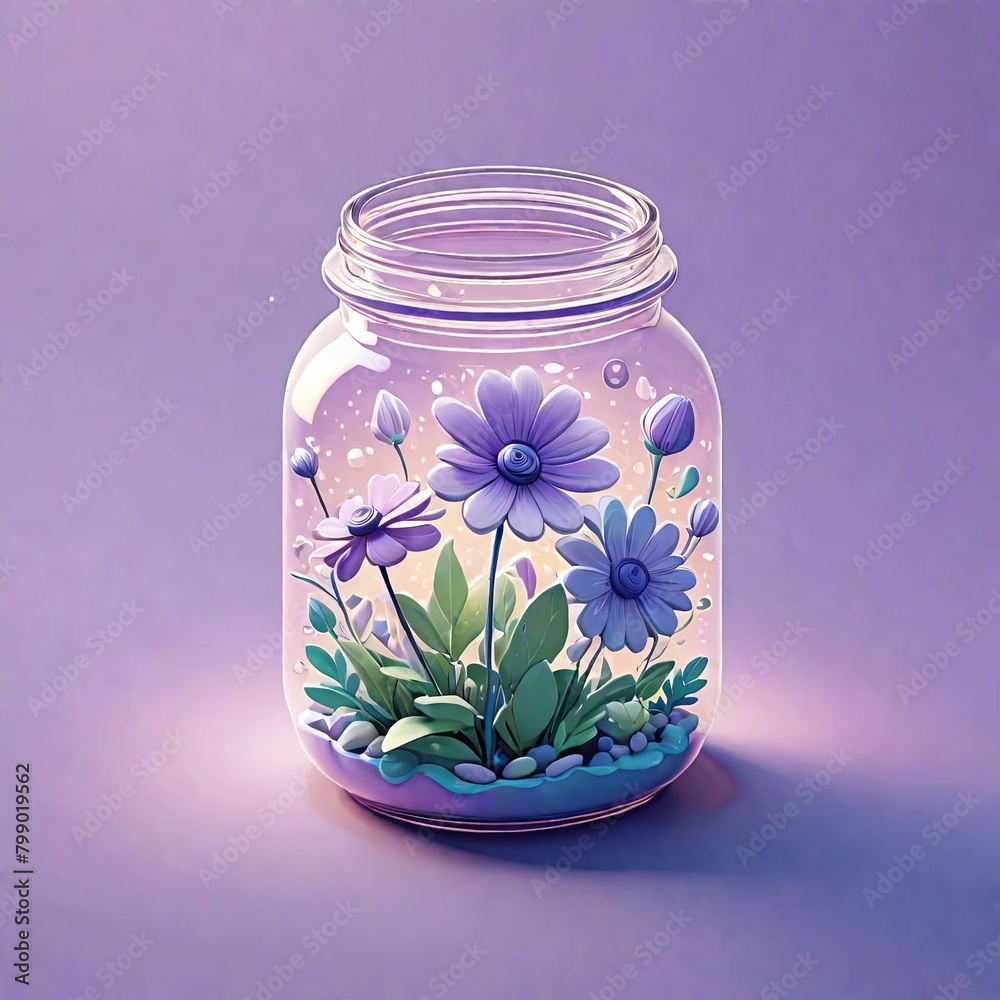 glass bottles of diffetent forms with flowers inside. Can be used in medicine, therapy, Flowers inside the jar happy cute in purple tone style glass bottles of diffetent forms with flowers inside. Can be used in medicine, therapy, Flowers inside the jar happy cute in purple tone style