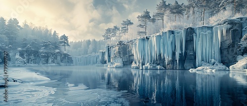 Jagged cliffs of frozen water jutting out of a serene lake photo