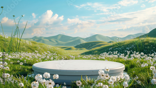 3d circle stage and Blooming Meadow with Circular Platform Amidst Rolling Hill © nunkung07