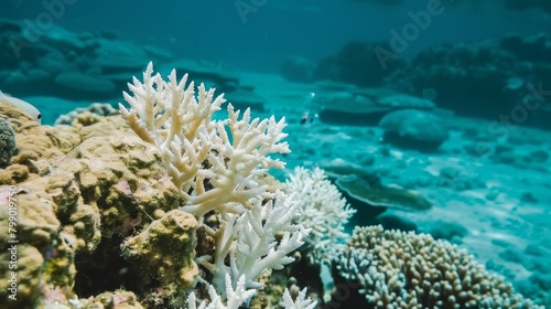  An underwater perspective of corals and various marine life on the seabed, surrounded by a azure overhead sky