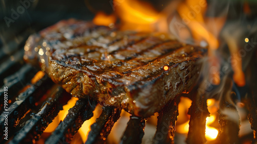 piece of juicy steak lies on the cast iron grill rods. Flames under the meat