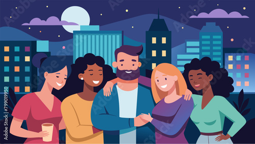 From young couples cuddled up together to groups of coworkers enjoying a night off from the office the urban rooftop becomes a hub of community and. Vector illustration