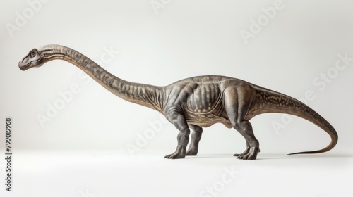 A Diplodocus extends its long neck and tail across the frame. The neutral backdrop highlights the detailed texturing and lifelike appearance of this peaceful giant from the Jurassic period.