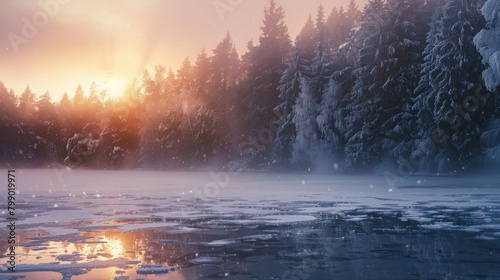 A stunning scene of a frozen lake and forest during a winter sunrise in Northern Europe © 2rogan