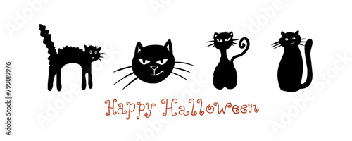 Cute set of black cats in doodle style. Halloween clipart. Funny, cartoon illustration for design, decoration kids playroom, textile or greeting card. Hand drawn. Vector illustration EPS10