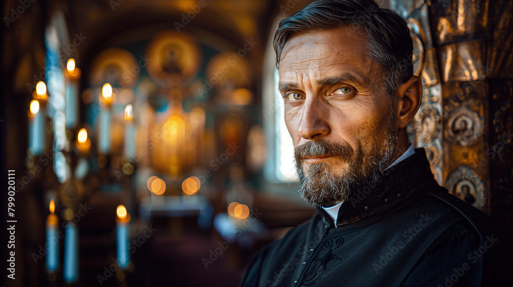 Portrait of a priest in a church. (Ai generated)