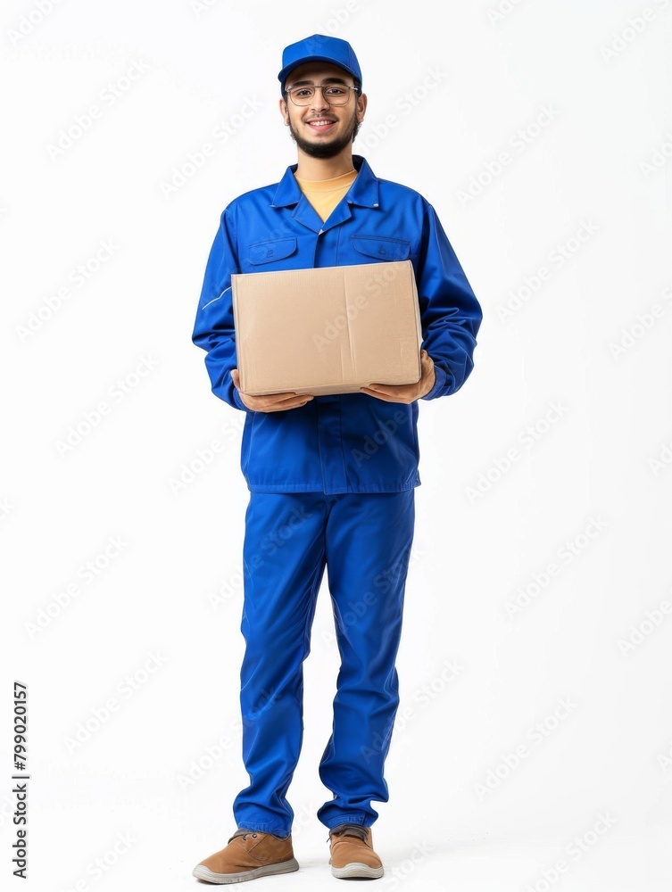 A male courier dressed in blue uniform, holding a cardboard package. His bright smile and casual stance indicate a friendly and reliable delivery service, with a clean white background. A male courier dressed in blue uniform, holding a cardboard package. His bright smile and casual stance indicate a friendly and reliable delivery service, with a clean white background.