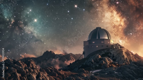 An isolated observatory stands under the infinite expanse of the Milky Way, capturing the serene beauty of a cosmos-filled night sky, inviting contemplation of the universe's mysteries.