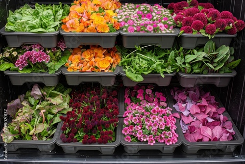 An image of a refrigerated display case containing various types of flowers and lettuces. photo