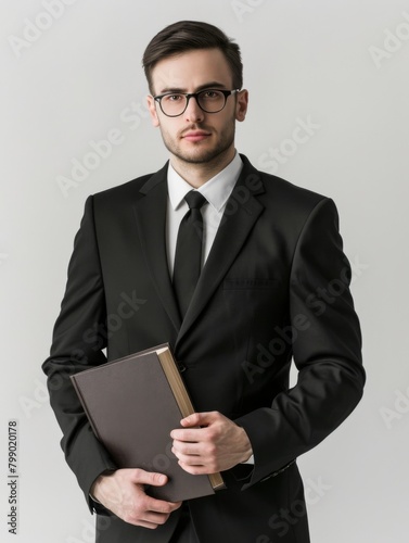 A male lawyer in a classic black suit holding a brown law book. His attire suggests a professional setting, and his firm grip on the book implies seriousness and focus on legal matters.