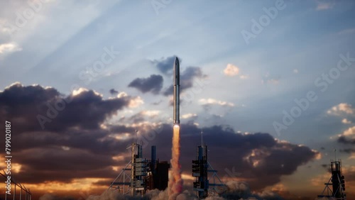 Launch Pad Complex, Successful Rocket Launching With Crew On A Space Exploration Mission. Flying Spaceship Blasts Flames And Smoke On A Take-Off. Humanity In Space, Sunset Time
