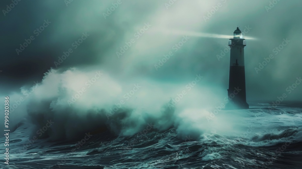 A stark lighthouse stands resilient against the ferocious waves of a tumultuous sea, a sentinel in the midst of nature's fury, a beacon of hope amidst the chaos.