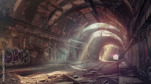 Abandoned Subway Tunnel with Sunlight Rays and Graffiti. Post apocalyptic scene, a dilapidated subway tunnel, casting long shadows over graffiti laden ruins and forgotten railway tracks.