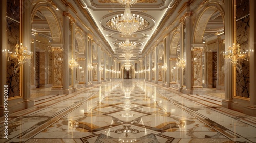 a resplendent hallway in a classic style, featuring ornate chandeliers and elegant marble columns photo