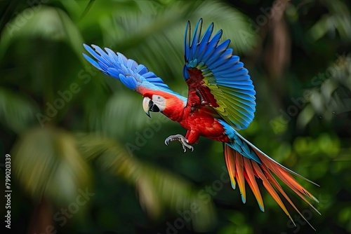 A striking scarlet macaw parrot with vibrant red, blue, and yellow feathers perched among lush green foliage. © Wan