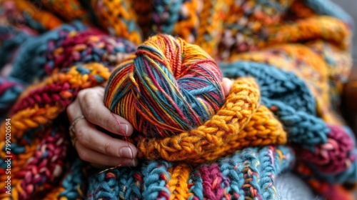 Close-up of colorful yarn in a woman's hand
