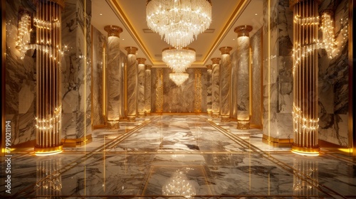 a lavish corridor with gleaming chandeliers and marble columns