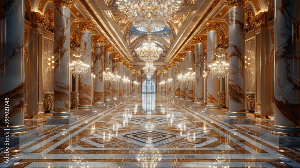 Obraz premium the opulence of a grand, marble hallway with golden accents and sparkling chandeliers