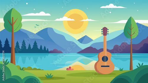 A serene lakeside setting where the only thing disrupting the tranquility is the gentle strumming of an acoustic guitar..