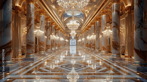 the opulence of a grand, marble hallway with golden accents and sparkling chandeliers photo