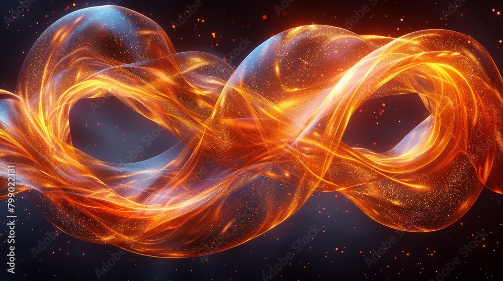 3d rendering of a glowing orange infinity symbol made of fire and light against a dark background with glowing particles