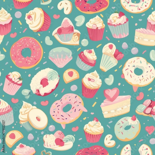This delightful pattern is a sweet tooth dream  adorned with beautifully illustrated cakes and pastries  inviting a sense of joy and indulgence. Seamless pattern wallpaper background.