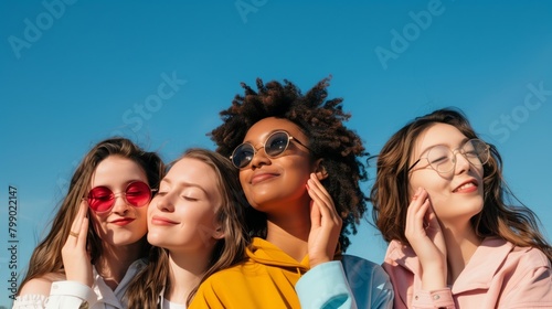 A group of Gen Z friends beam with happiness against a serene sky blue background, their colorful attire and sunglasses epitomizing the vibrancy of youth.
