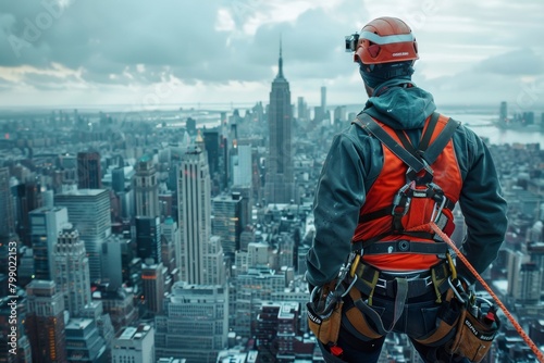 A construction worker gazes over the city from a skyscraper, secured by a harness photo