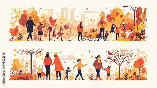 Men women and children walking in autumn city park. © Mishi