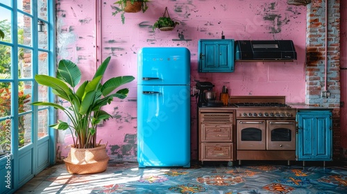 A blue retro fridge in a pink room with blue and green accents photo