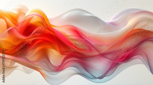  Multicolored wave of smoke against white backdrop, lightly reflecting at its peak