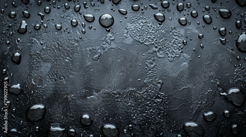 Close-up of water drops on a dark, textured surface, showing detail and shine.