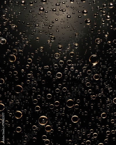 Water droplets on glass against a dark, reflective background.