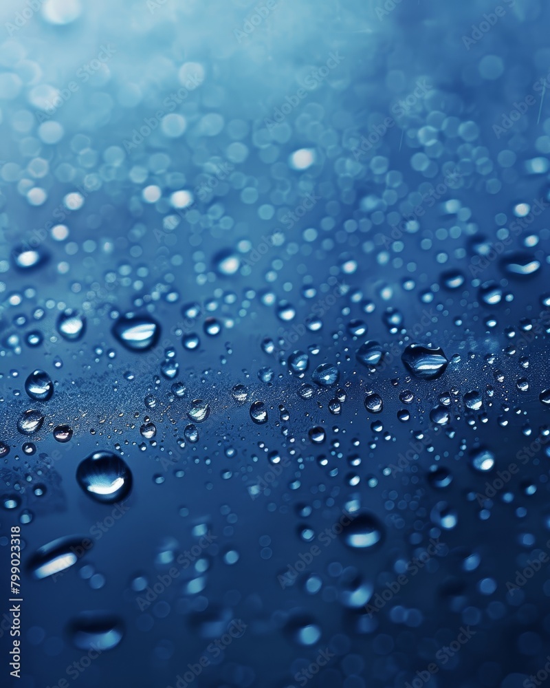 Close-up of clear raindrops on a blue glass surface.