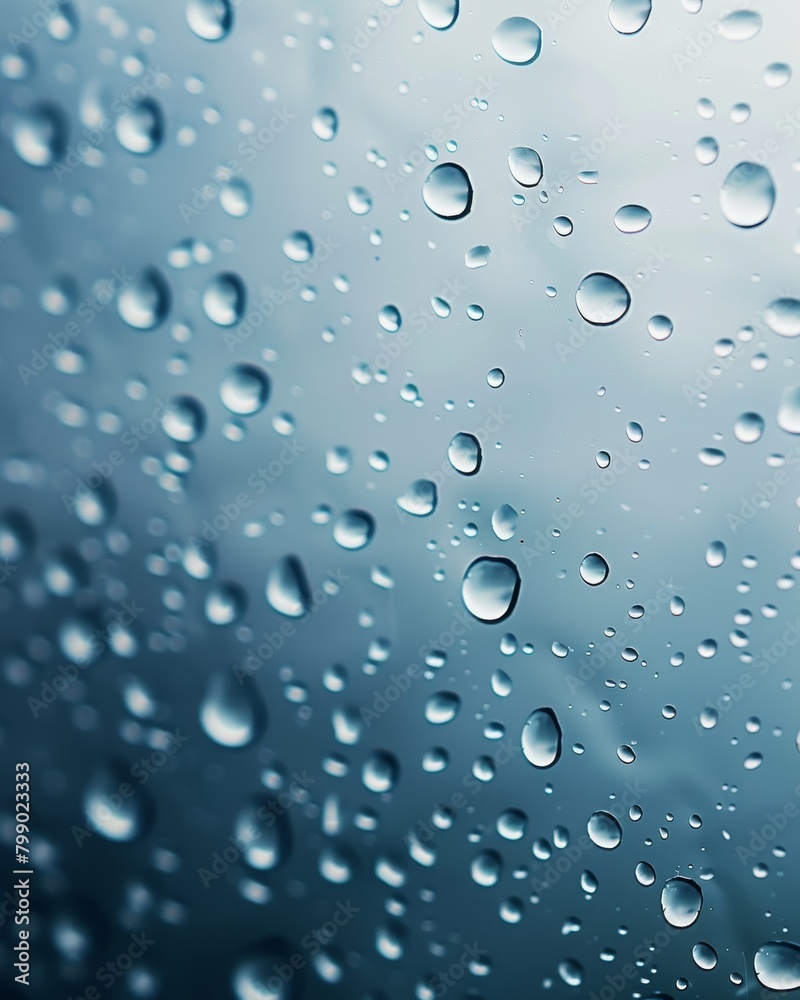 Close-up of clear raindrops on a blue glass surface.