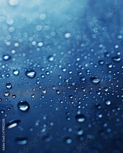 Close-up of clear raindrops on a blue glass surface.