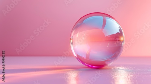  A glass ball on a pink surface reflects a building in its center against a pink background