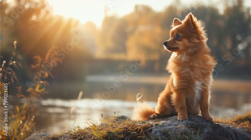 Golden retriever running in park and snow, small cute dog with fluffy brown and white fur, purebred Pomeranian companion, playful and adorable © Nuntapuk