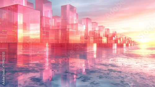   A cityscape image featuring tall buildings as skyscrapers  a body of water in the foreground  and a sunset backdrop