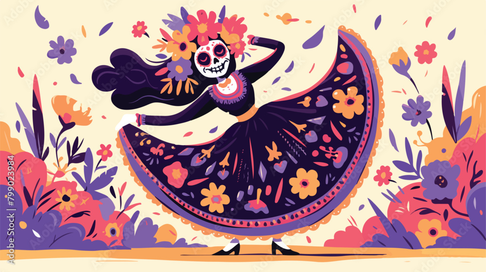Mexican Catrina Calavera skeleton dancing in dress.