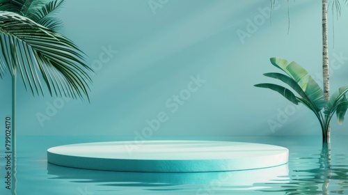 A tranquil blue water-themed backdrop with a floating circular podium  framed by elegant palm fronds  creating a peaceful and minimalist product display setting.