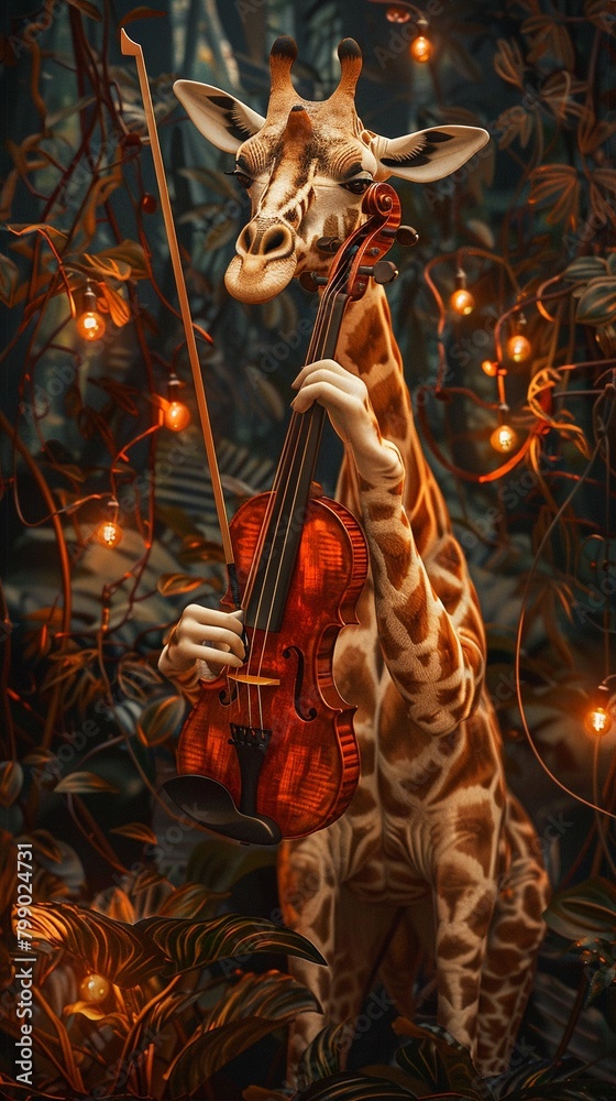 Capture the enchanting elegance of a giraffe playing a violin amidst a mystical forest Show intricate details  - obrazy, fototapety, plakaty 