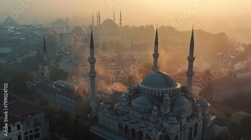 Transform an aerial view of an Ottoman palace into a haunting, ghostly presence Utilize eerie, translucent effects to evoke a chilling atmosphere, Incorporate subtle photo