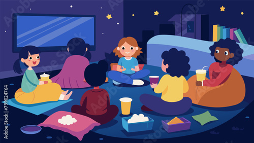 A living room turned into a makeshift movie theater with kids snuggled up on sleeping bags and pillows enjoying their favorite movies during