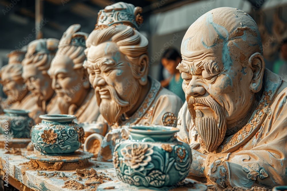 A row of unfinished clay statues of Chinese philosophers sit on a table in a workshop. A row of unfinished clay statues of Chinese philosophers sit on a table in a workshop.