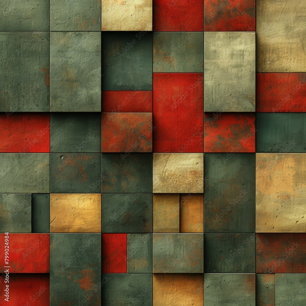 A seamless, repeating pattern of 3D beveled cubes in shades of red, green, and tan.