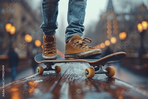 A skateboarder rides a skateboard down a city street. photo